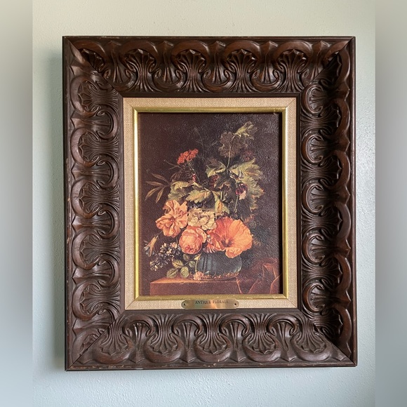 Vintage MCM Art Print "Antique Florals" Still Life in Elaborate Vintage Frame - Picture 1 of 9